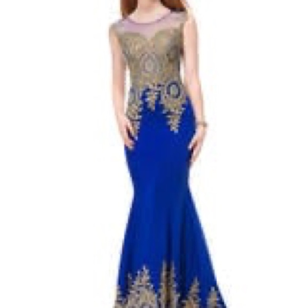Elegant Blue and Gold Evening Gown